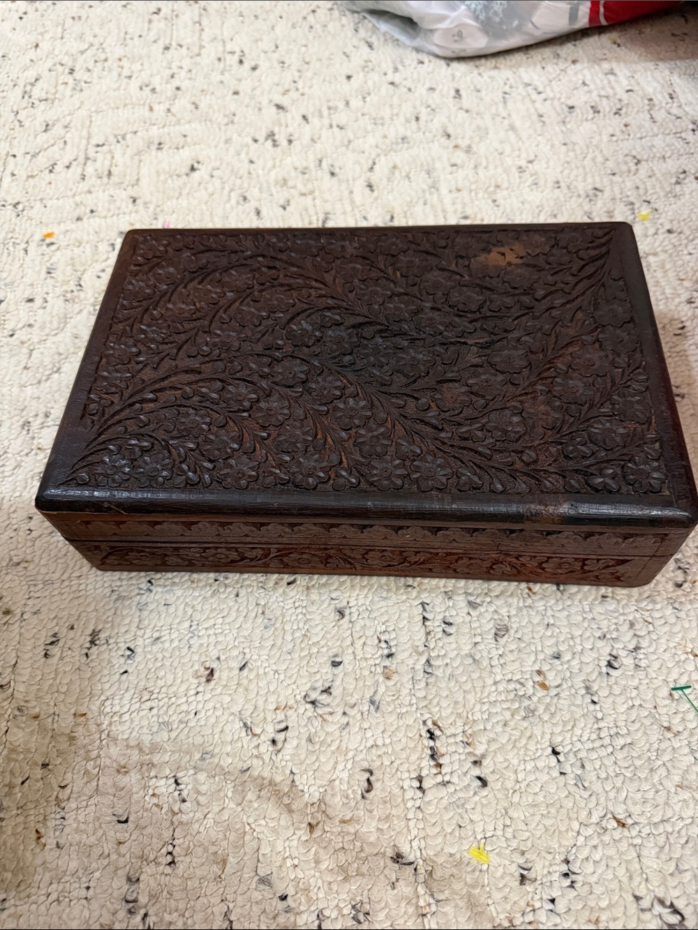 Hand-Carved Floral Wooden Box - Dark Brown